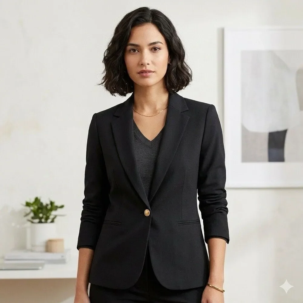 J Crew Wool Blazer Size 6 Black Gold Crest Buttons Striped Lining Preppy Office